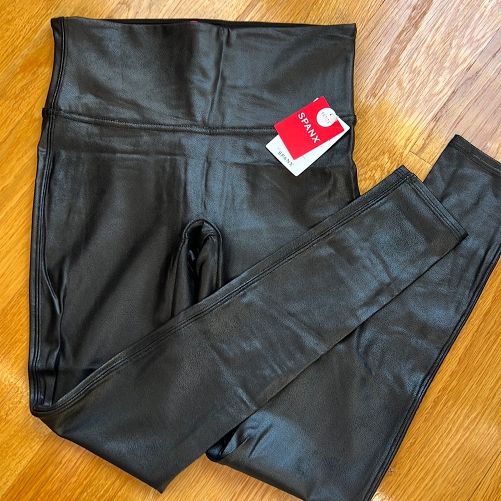 SPANX black Faux Leather Leggings. Medium Petite. New with tags.